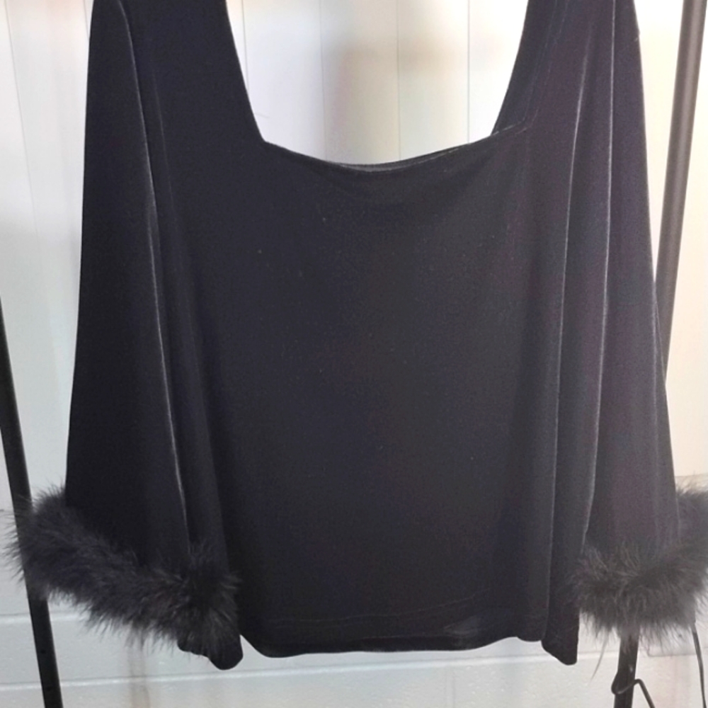 Black matching velour top and ankle length straight skirt w/elastic waist